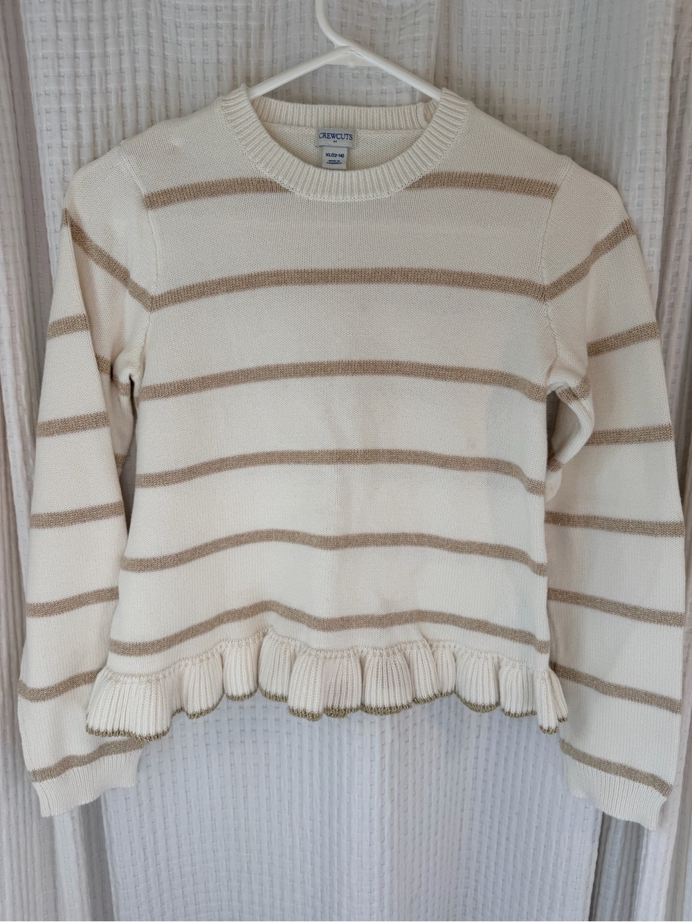 Girls J. Crew Factory Cream & Gold Striped Ruffle-Hem Sweater